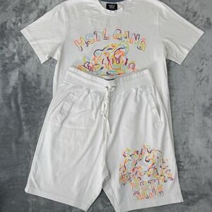 White Hustle Gang Outfit 2 Piece Set Shirt & Shorts Shirt Sz M Shorts Sz M